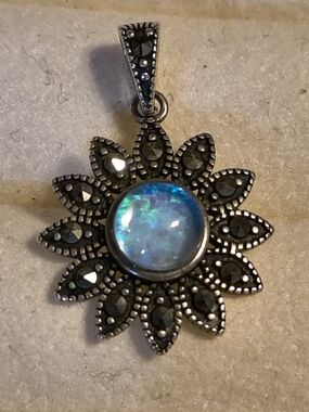 Sterling Silver Floral Pendant with Blue Opal Triplet Cabochon And Marcasite SLC